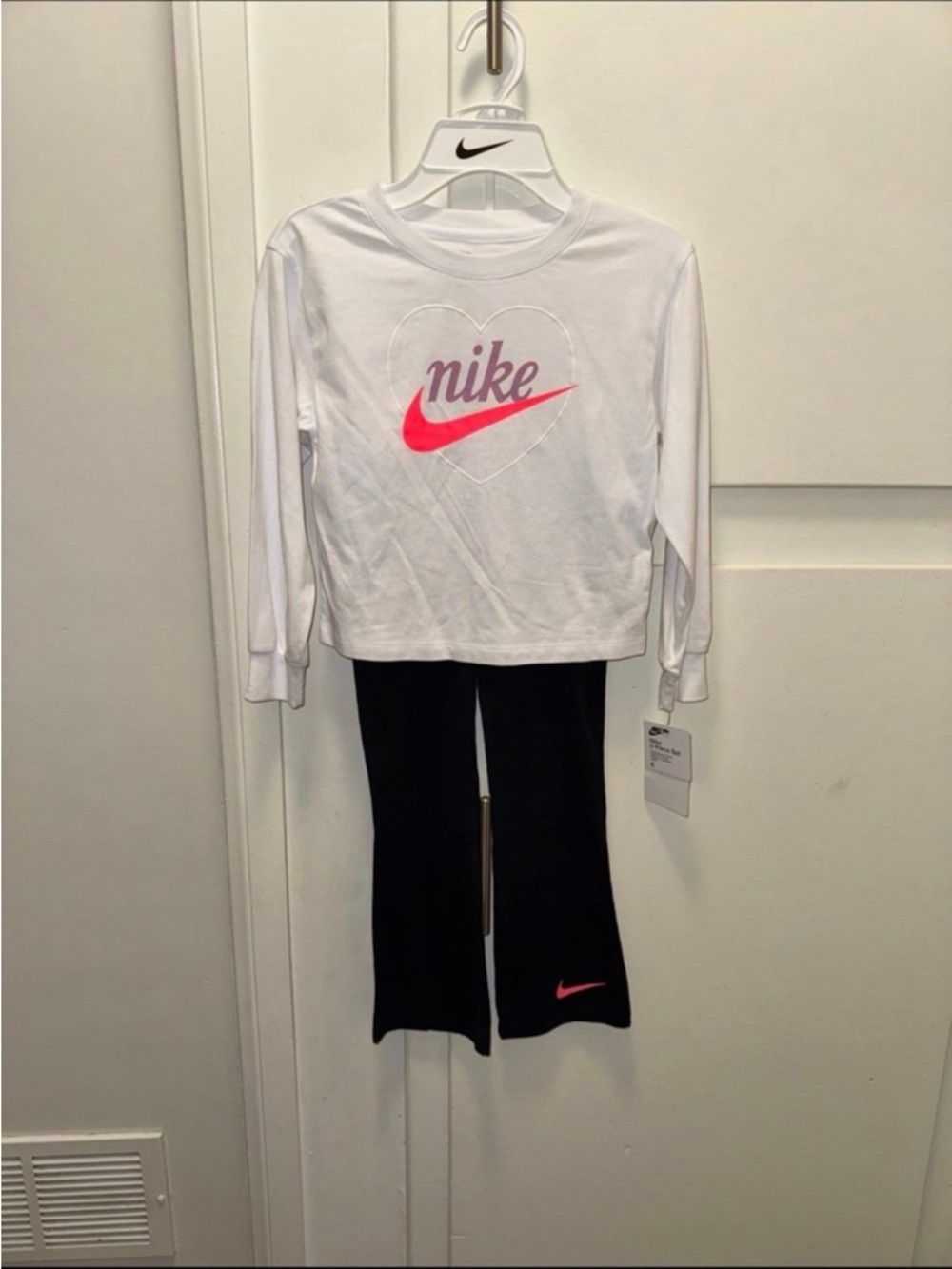 Nike Kids White Top & Black Pants Set with Pink Logo